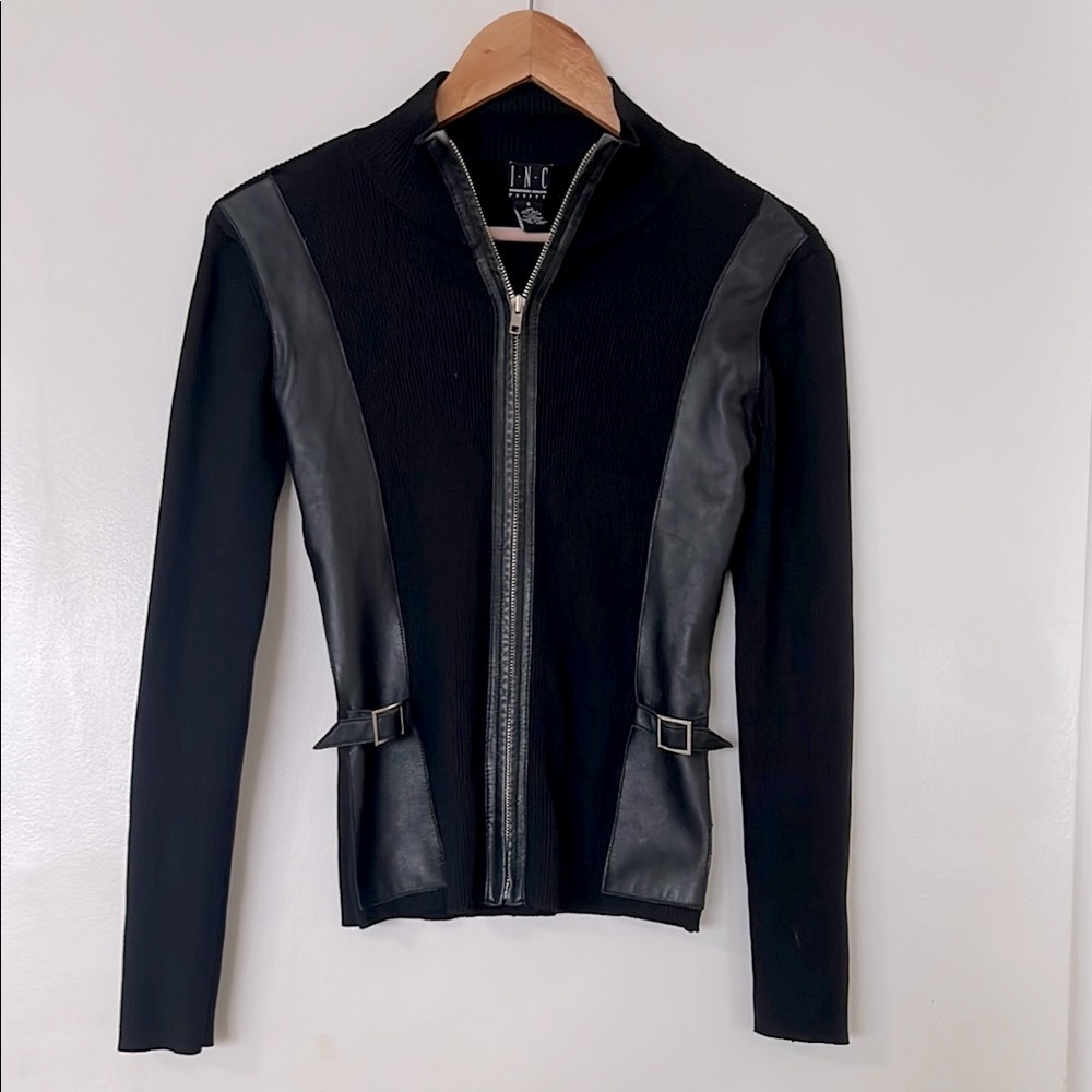 INC International Concepts Black Leather Jacket with leather details